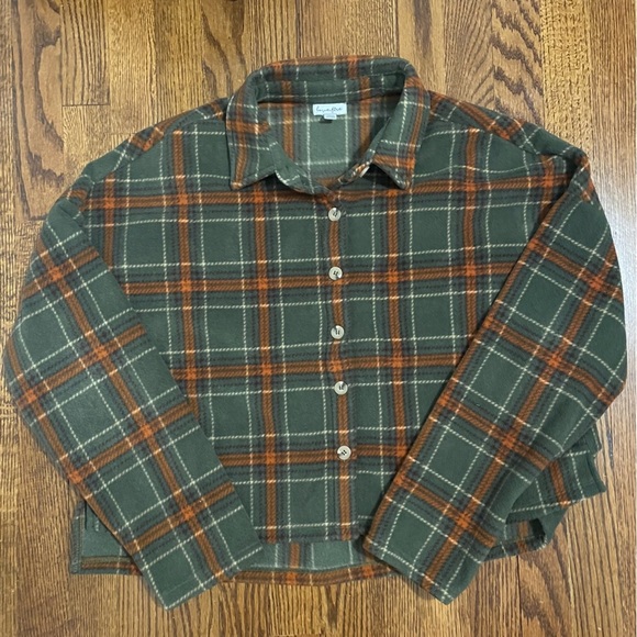 Love,Fire Army Green Orange Fleece Cropped Shacket Jacket Button Up Size Medium - Picture 1 of 7
